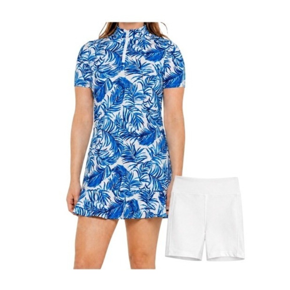 Tommy Bahama Golf Womens S Blue White Tropical Palm Print Dress with Shorts